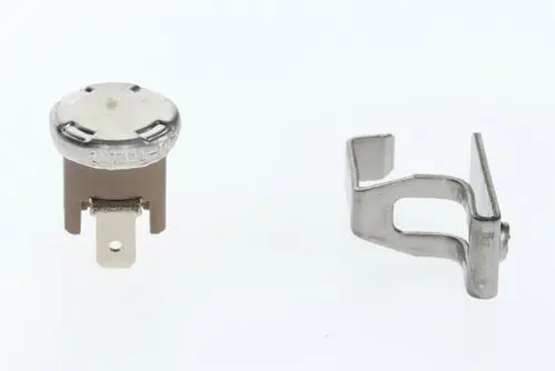 BOSCH Temperaturbegrenzer, bestehend aus einem runden Sensor mit metallischem Deckel und einer Halterung, auf hellem Hintergrund abgebildet.